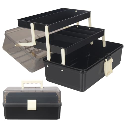 WEWLINE 13-Inch Art Storage Box 3-Layers Plastic Storage Box with Handle Craft Art Bin Portable for Home School Office Travel, Black - color: BLACK