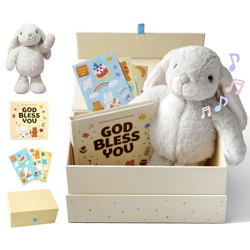 Praise Bunny Christian Gift Set for Kids – 11” Singing Plush Toy with 3 Bible Songs, Hardcover Blessing Book, Keepsake Box, Stickers - Birthday, Christening Gift for Baby, Toddlers