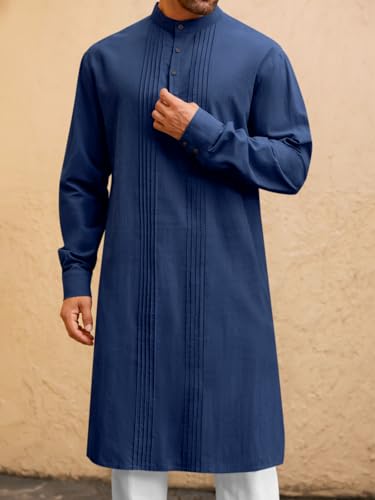 Runcati Mens Kaftan Robe Button Down Long Sleeve Cotton Linen Thobe Casual Muslim Gown Henley Shirt - color: Navy, size: Medium