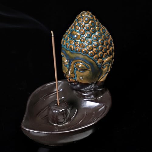 Buddha Head Incense Holder for Sticks, Small Ceramic Incense Burner Healing, Meditaiong, Zen, Timer of Spa or Yoga, with Ash Catcher (Blue) - color: Blue