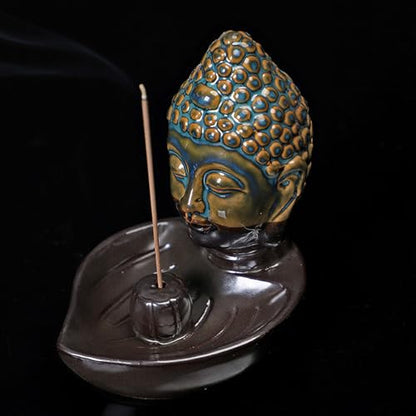 Buddha Head Incense Holder for Sticks, Small Ceramic Incense Burner Healing, Meditaiong, Zen, Timer of Spa or Yoga, with Ash Catcher (Blue) - color: Blue