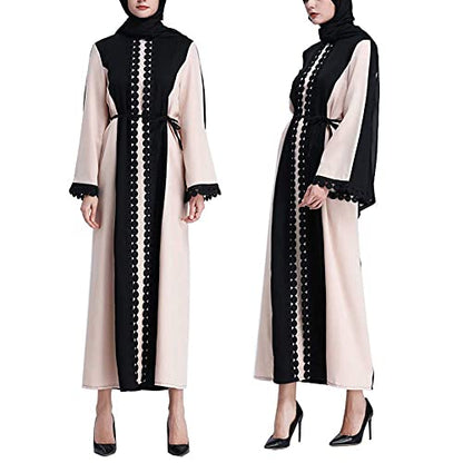 Traditional Muslim Women Abaya Dress 3D Fower Blooming Long Sleeve Maxi Length Cardigan Robe with Sashes Saudi Arab Dubai (L, 49# Khaki spliced black)