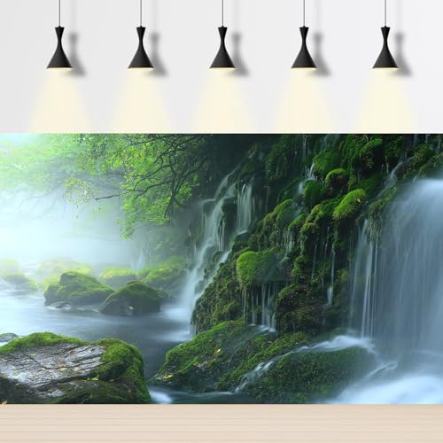 Cascading Waterfall Aquarium Background Majestic Tranquil Stream Mossy Rocks Fish Tank Background Scenic Foggy Misty Forest Scene Terrarium Backgrounds Natural Falls Reptile Tank Backgrounds 24x12in - color: Foggy Green, size: 24(W)x12(H)in