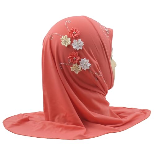 Instant Hijab for Kids Girls Hijabs Muslim Islamic Head Scarf with Rhinestone and Flowers - color: Watermelon