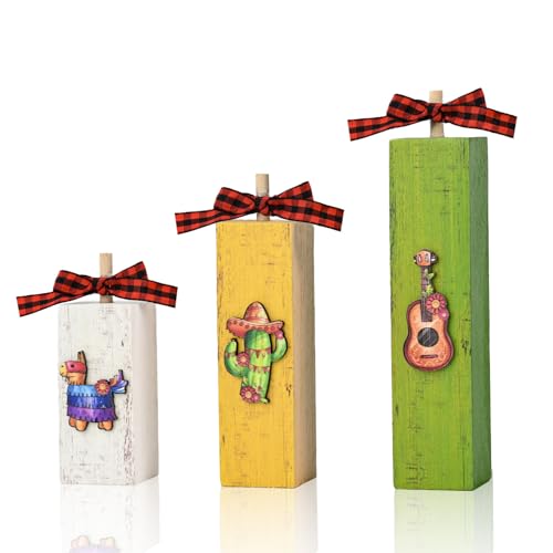 Smile Cinco De Mayo Vertical Wooden Block Decor, Tiered Mexican Fiesta Decor with Guitar, Cactus & Piñata for Tabletop & Tiered Tray - style: Cinco