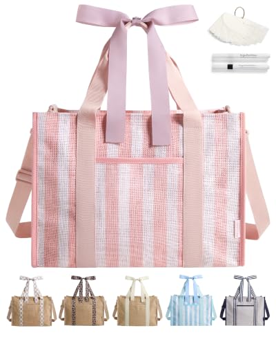 BAGSMART Beach Tote Bag for Women, Personalized Teacher Appreciation Gifts | Self-standing Sandproof Mesh Bag, Custom Jute Gift Tote w/ Stencils & Markers, Monogrammed Gift Bag Travel Cruise Essentials - color: Cherry Blossom Pink Stripes, size: 21L Jute