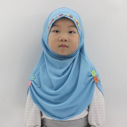 Girls Instant Hijab – Soft Kids Muslim Scarf with Flower, Breathable One-Piece Headscarf for Toddlers Age 2-8 - color: Small Flower-sky Blue