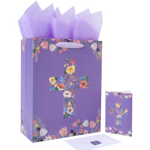 13" Large Floral Religious Gift Bag Set with Handles, Greeting Card, Purple Tissue Papers and Stickers for Women Girls, for First Communions, Baby Girl Baptisms, Christenings, Religious Occasion, Clergy Day, Cross Design, 1 Pcs - color: (13'' Large)Purple
