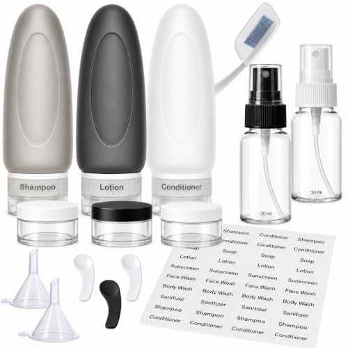 Dot&Dot Leak Proof Travel Bottles - Tubes for Liquid TSA Approved 3oz 15 pc Silicone Toiletries Travel Shampoo & Conditioner Containers with Labels - color: 3oz 15pc - Gray/White/Black