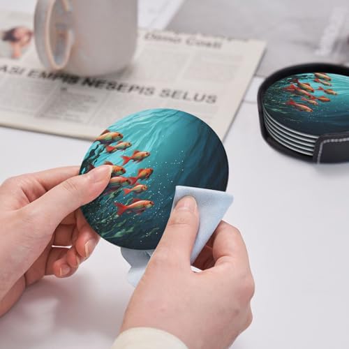 Coasters for Drinks Set of 6 Leather Drinks Coasters with Holder Round Cup Mat Pad Fish Aquarium Decorative Coffee Cup Beverage Coasters for Tabletop Protection Home Decor