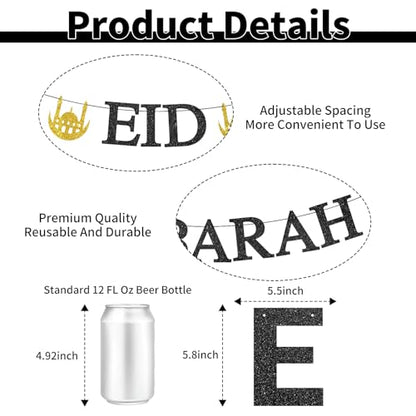 Eid Mubarak Banner - Happy Eid Decor, Ramadan Mubarak Decor, Muslim Islamic Eids Festival Party Decorations Gold Glitter