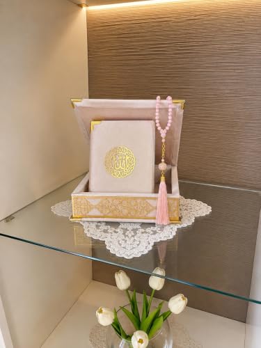 VOGUEHOMEDECOR Velvet Covered Quran and Pearl Tasbih in Wooden Decorative Box | Gift Islamic Set Birthday, Wedding Muslim Eid Ramadan (Pink) - color: Pink