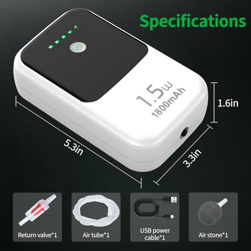 Aquarium Air Pump Rechargeable Aerator for Bait Bucket, Portable Battery Powered Air Pump for Aquarium, Fish Tank Air Pump Bubbler Aerator for Outdoor Fishing (1.5w)