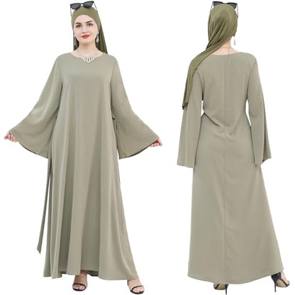khalat Muslim Abaya Dress Women Solid Color Modest Prayer Robe Islamic Dubai Long Sleeve Lightweight Maxi Dress - color: Green, size: Small