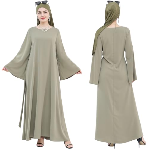 khalat Muslim Abaya Dress Women Solid Color Modest Prayer Robe Islamic Dubai Long Sleeve Lightweight Maxi Dress - color: Green, size: Medium