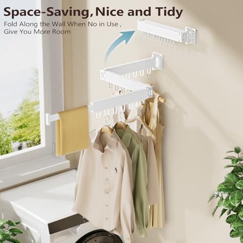 JAUREE Clothes Drying Rack Wall Mounted, Space-Saving Drying Rack Clothing, Collapsible Foldable Retractable Laundry Rack with 18 Hooks, Indoor/Outdoor, White - color: White