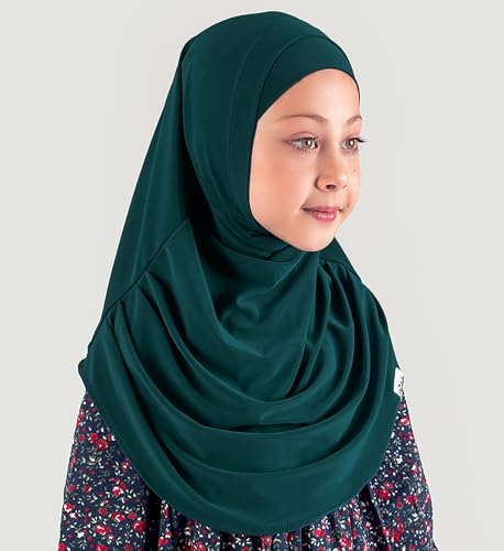 Modefa Islamic Girl Child Practical Amira Hijab Two Piece Muslim Scarf & Bonnet - Instant Easy Hijab - color: Emerald Green