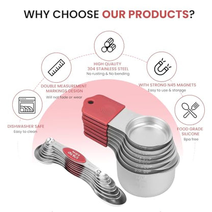 Magnetic Measuring Cups and Spoons Set-Heavy Duty 304 Stainless Steel | Double Measurement Markings,BPA-Free,Set of 16 with Leveler for Measuring Dry and Liquid Ingredients(Red) - color: Red