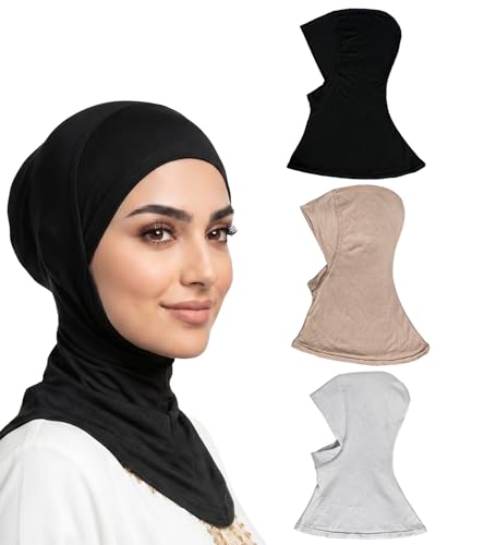 3 Pcs Modal Hijab Cap for Women, Muslim Inner Undercap Bonnet, Stretchy Turban Underscarf with Full Coverage for Daily Wear - color: Black + Light Grey + Light Khaki