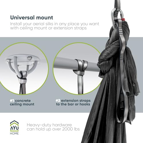AyuHome Aerial Silks Kit for Home - Premium Yoga Swing for Adults with 660 lbs Capacity - Versatile Aerial Yoga Hammock for Gymnastics Training - color: Aerial silk - Black