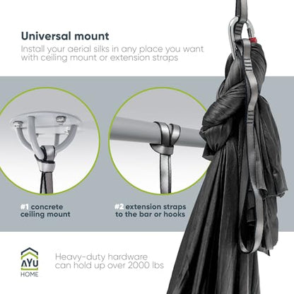 AyuHome Aerial Silks Kit for Home - Premium Yoga Swing for Adults with 660 lbs Capacity - Versatile Aerial Yoga Hammock for Gymnastics Training - color: Aerial silk - Black