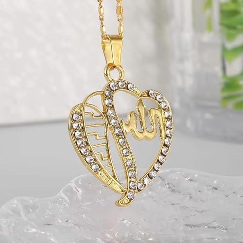 Exquisite Shining Zircon Love Heart Islamic Muslim Quran Allah Pendant Necklace for Women Fashion Hip Hop Ramadhan Jewelry