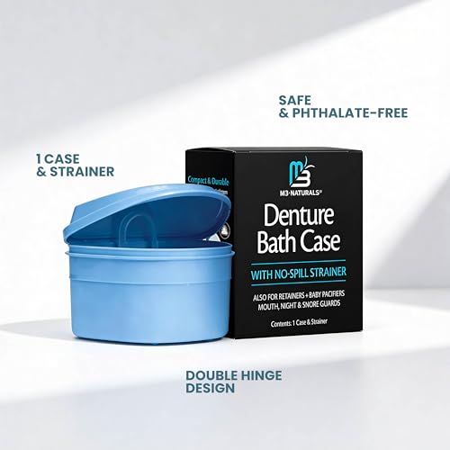 Denture Bath Case and Retainer Case, Denture Bath Cup for Invisalign Retainers Mouthguards Dentures Cleaner Kit with Strainer Spill-Free Portable Retainer Cleaner Case by M3 Naturals (Pack of 2) - size: Bath Case (1 Count) (Pack of 2)