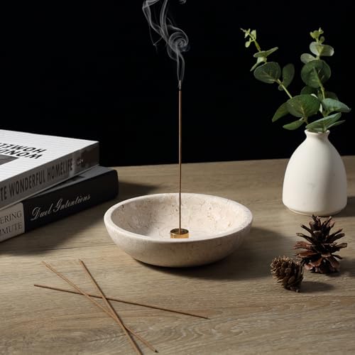 Koville Natural Marble Incense Holder, Incense Holder for Sticks with 9 Holes, Handmade Incense Burner Ash Catcher for Meditation Yoga SPA, Balsam Fir/Palo Santo/Sage/Cone (RoyalBeige) - color: D=150-royalbeige