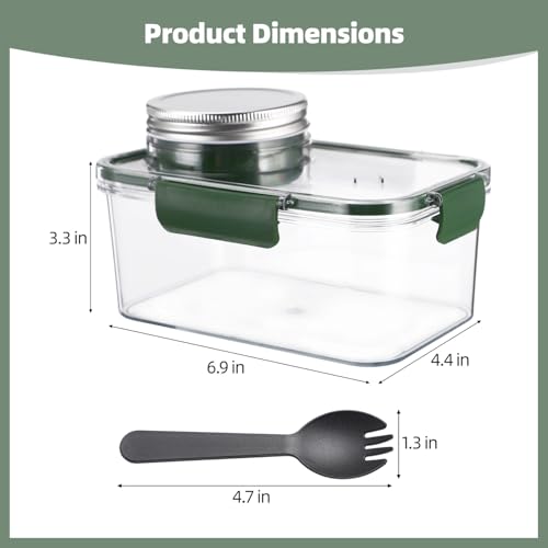 Portable Salad Container, Leakproof Salad Pod with Dressing Cup & Fork, Separate Food Compartments, Plastic Meal Prep Box, Dishwasher Safe, Ideal for Office, Travel, Picnic & Gatherings (Green)
