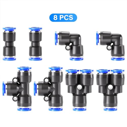 TAILONZ PNEUMATIC 5/16 inch or 8mm od Push to Connect Fittings Pneumatic Fittings Kit 2 Spliters+2 Elbows+2 tee+2 Straight (8 pcs) - color: Blue, size: 8MM OD//8PCS