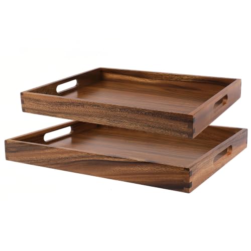2Pack Acacia Wooden Serving Tray17x12 Nesting Ottoman Trays for Living Room, Coffee Table, Breakfast in Bed, Candle Display, Decorative Serving Trays Platter for Food, Drink and Decor
