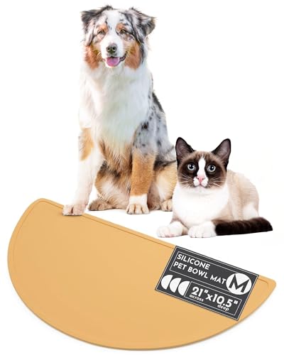 Waterproof Silicone Dog Food Mat – Medium Size Non-Slip Pet Bowl Mat, Raised Edge Design, Easy-to-Clean Pet Food Placemat for Dog & Cat Bowls, 21" Across x 10.5" Deep - Honey - color: Honey, size: Medium