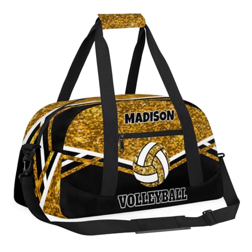 Custom Volleyball Bag with Name, Personalized Sports Bag for Teens Waterproof Weekender Carry Training Travel Bag, Gold Sequins Glitters with Black (Not real Glitter) - color: Gold Black