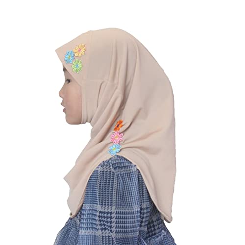 Girls Instant Hijab – Soft Kids Muslim Scarf with Flower, Breathable One-Piece Headscarf for Toddlers Age 2-8 - color: Khaki 1