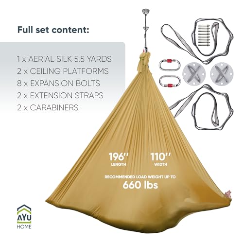 AyuHome Aerial Silks Kit for Home - Premium Yoga Swing for Adults with 660 lbs Capacity - Versatile Aerial Yoga Hammock for Gymnastics Training - color: Aerial silk - Gold - New