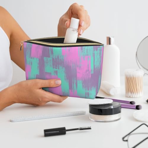 Leather Makeup Bag for Purse, Waterproof Small Toiletry Bag with Zipper, Cute Cosmetic Bags for Women, Pink Teal Purple Graffiti Travel Pouch - color: Pink Teal Purple Graffiti