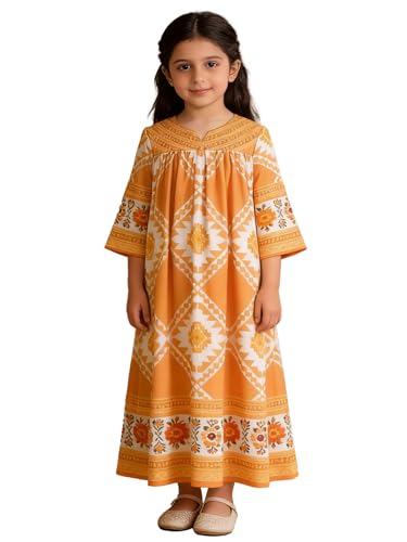 ABaoWedding Muslim Girls Abaya Prayer Dresses Islamic Arabian Kids Embroidered Long Sleeve Kaftan Dresses - color: Yellow, size: 12