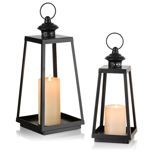 Gold Metal Lantern Decorative Indoor, Set of 2 Wedding Decor | 15" & 12" Hanging Candle Lanterns, Farmhouse Outdoor Decor, for Front Porches, Table Centerpieces and Mantle Fireplace - color: Black