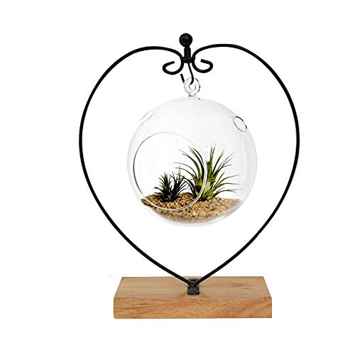 Ornament Display Stand Metal Stand Terrarium Air Plant Stand Flower Pot Holder Iron Pothook Stand for Hanging Glass Globe Ball (Heart Rectangle Wood) - color: Black, size: 11.02"x6.3"x3.15"