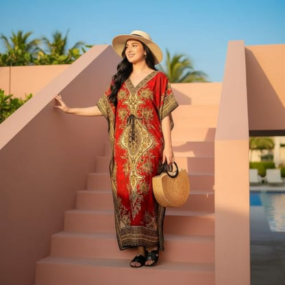 Women's Kaftan Dress – Loose Fit Maxi Gown – Kimono Style Beach Cover Up – Elegant Resort Wear and Nightwear - color: Red