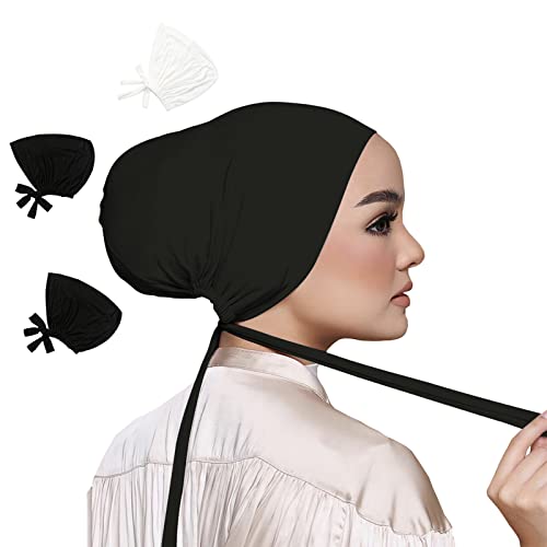 3PCS Under Hijab Head Cap Muslim Under Scarf Hijab Solid Color Women Under Scarf Hat Stretchy Sleeping Cap - color: Black,black,white