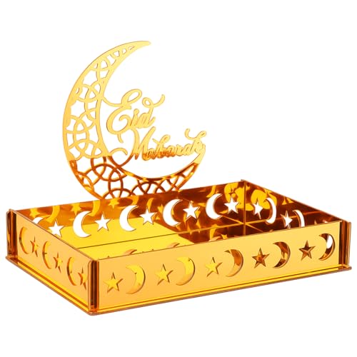 DoubleFill Ramadan Serving Tray Gold Eid Mubarak Holder Al-fitr Home Decoration for Moon Star Tray Gold Container for Home Islamic Muslim Party Tableware Kitchen Dessert Food Storage(Eid Mubarak) - style: Eid Mubarak