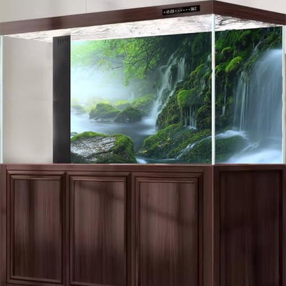 Cascading Waterfall Aquarium Background Majestic Tranquil Stream Mossy Rocks Fish Tank Background Scenic Foggy Misty Forest Scene Terrarium Backgrounds Natural Falls Reptile Tank Backgrounds 24x12in - color: Foggy Green, size: 24(W)x12(H)in