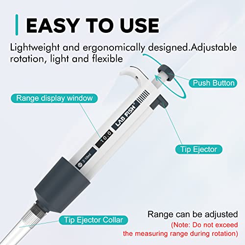 LAB FISH M2-10ml Lab Pipette, 2-10ml Adjustable Volume w/20 Tips | 2-10ml range, 0.1ml increment, single channel, manual, includes 20 tips, for lab liquid transfer - style: 2-10ml Set