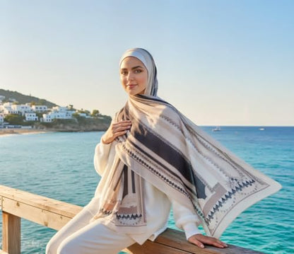 Hijab Modest and Elegant | Beautifully Designed Printed Chiffon Patterns | Muslim Women Head Scarf and Veil - color: Beige P