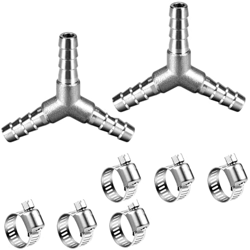 1/4" Hose Barb Fitting Equal Barbed Y Shaped 3 Way Wye Stainless Steel Tubing Joint Splicer Mender Adapter Union for Tubing Pipe Household Fuel Gas Liquid Air (2 Pcs with 6pcs Hose Clamps) - size: 1/4 Inch, style: 2 Pcs