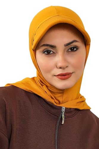 Aisha's Design Full Coverage Cotton Bonnet Hijab with Visor Modest Underscarf Bonnet - color: Mustard Yellow
