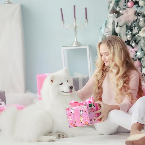 Cuitpan Pink Dog Christmas Wrapping Paper - Xmas Gift Wrap with Christmas Trees, Dog Breeds, Paw Prints & Snowflakes Design- Perfect for Kids & Adults Gift Wrapping - 40×28 Inches, 4 Folded Sheets - color: Pink-Christmas