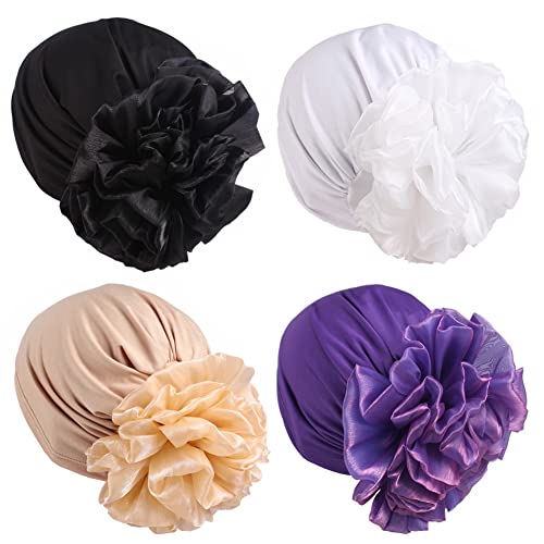 Women Flower Elastic Turban Beanie Head Scarf wrap Chemo Cap hat for Cancer Patient - color: Black White Khaki Purple