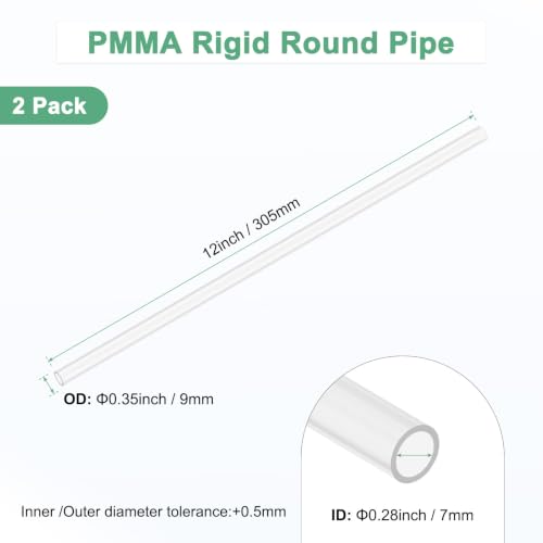 M METERXITY 2-Pack Clear Rigid Acrylic Pipe, 7mm[0.28"] ID x 9mm[0.35"] OD Plastic Round Tube for Water Cooling System/Lamps/Fountains/Aquariums/Display Stand, Acrylic Tubing [305mm/12IN] - size: 7mm ID x 9mm OD